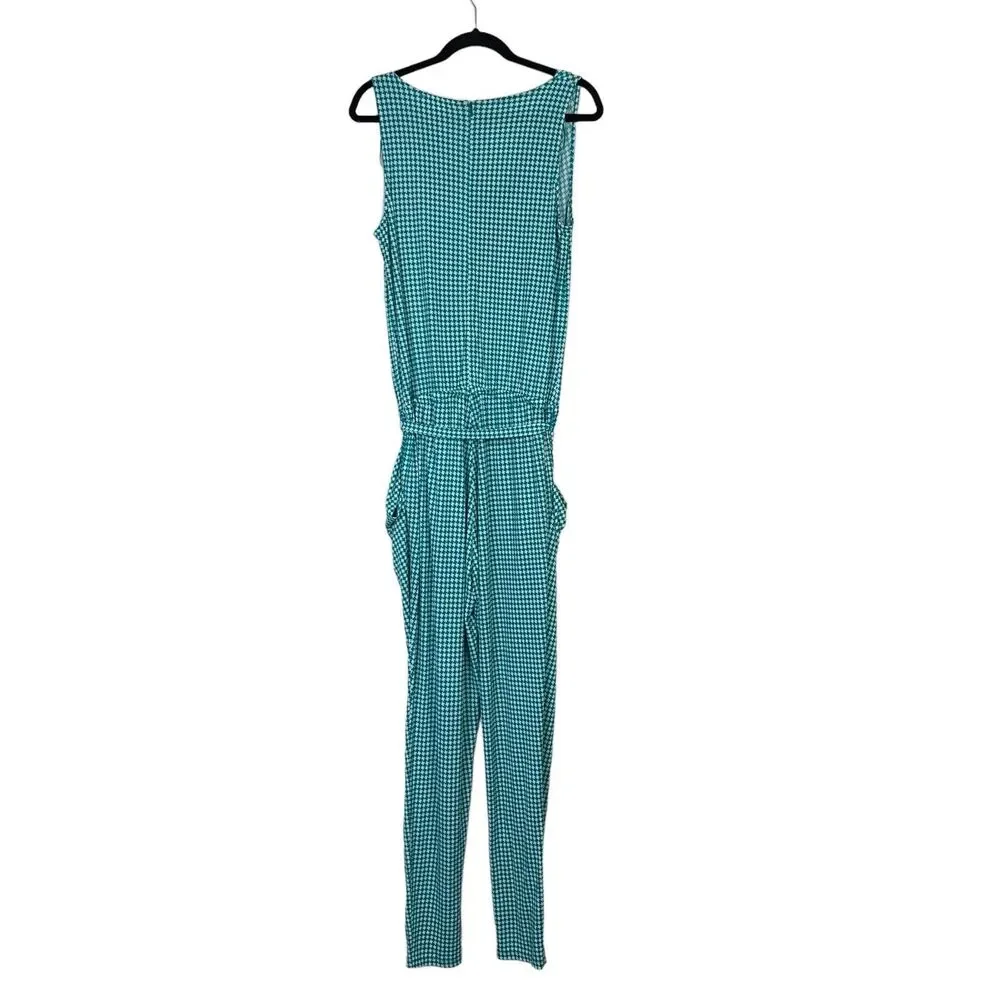 Michael Kors Teal White Houndstooth Print Sleeveless Jumpsuit Women's Size Large